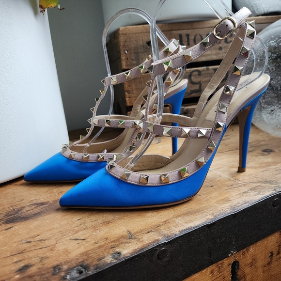 Valentino Rockstud T-Strap Blue Leather Heels - Picture 1 of 11